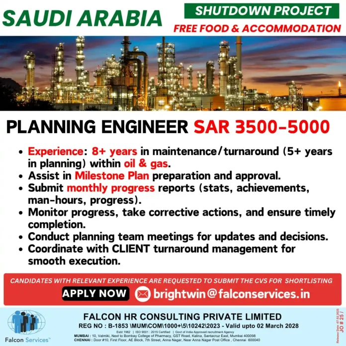 Urgent Hiring For Planning Engineer Jobs In Saudi Arabia Shutdown