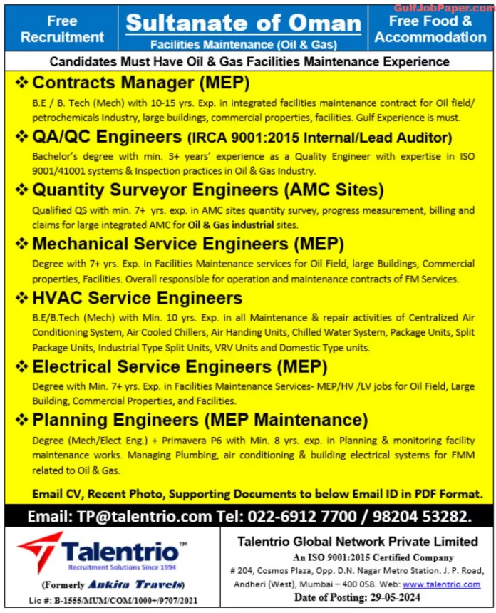 Job Vacancies in Oman - Facilities Maintenance (Oil & Gas)