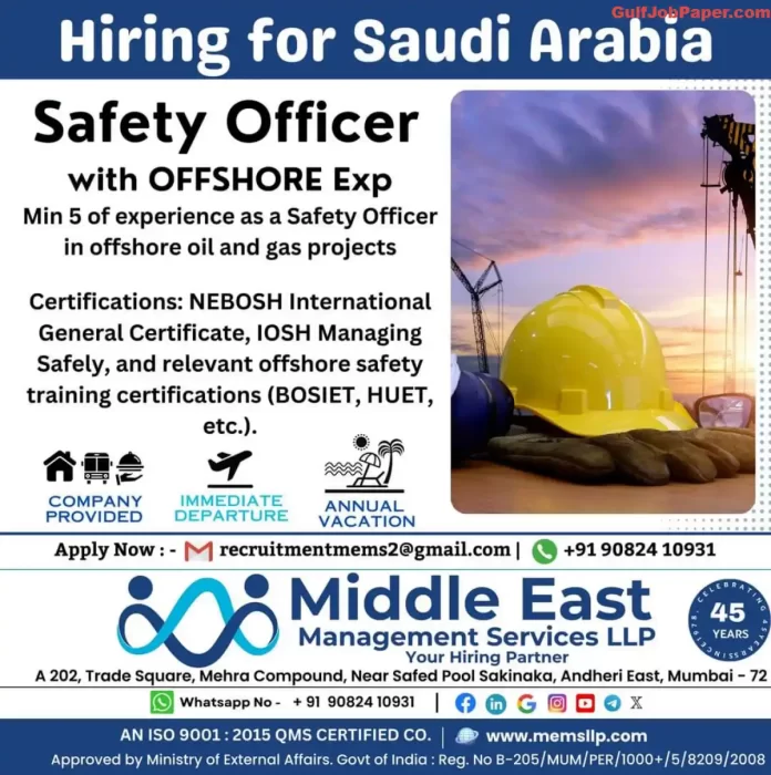 Job Opening for Safety Officer with Offshore Experience in Saudi Arabia