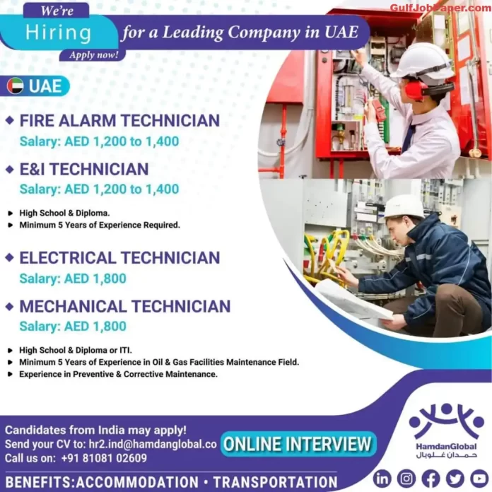 Job Openings in the UAE: Fire Alarm Technician, E&I Technician, Electrical Technician, Mechanical Technician