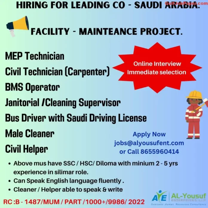 Job Openings in Saudi Arabia: MEP Technician, Civil Technician, BMS Operator, Janitorial Supervisor, Bus Driver, Male Cleaner, Civil Helper