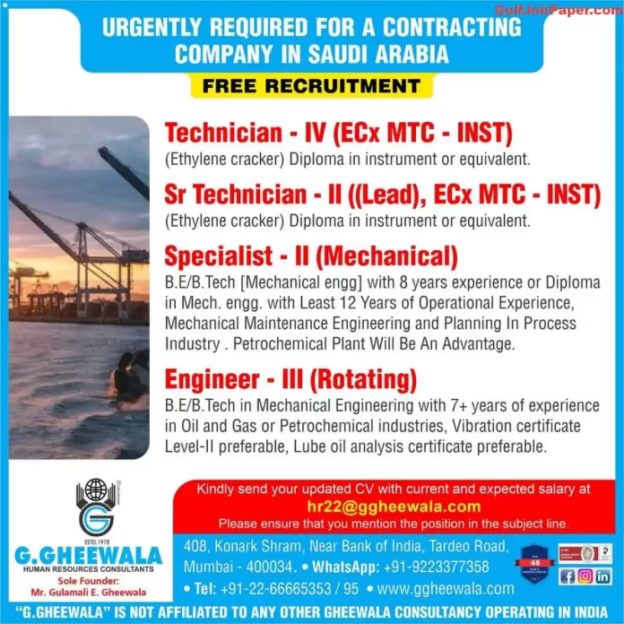 • Recruitment poster for technician and engineer positions in Saudi Arabia for a contracting company.