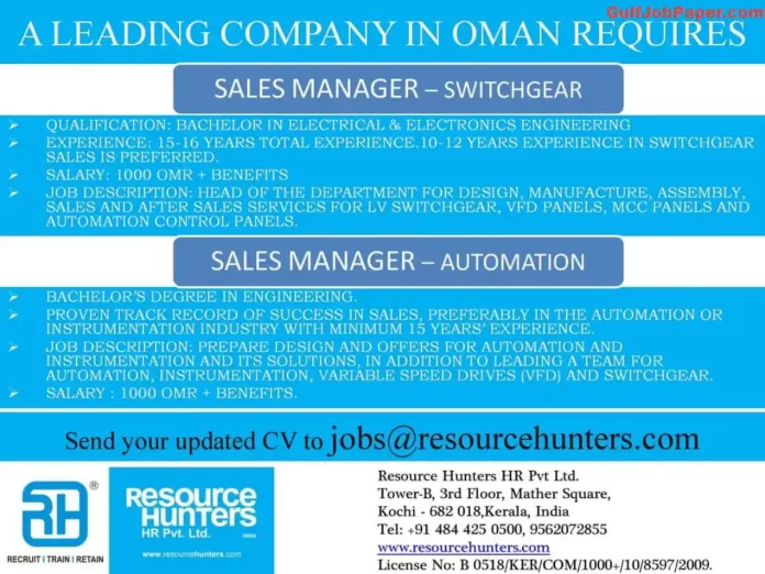 Job advertisement for Sales Manager positions in Oman at a leading company, provided by Resource Hunters HR Pvt. Ltd.