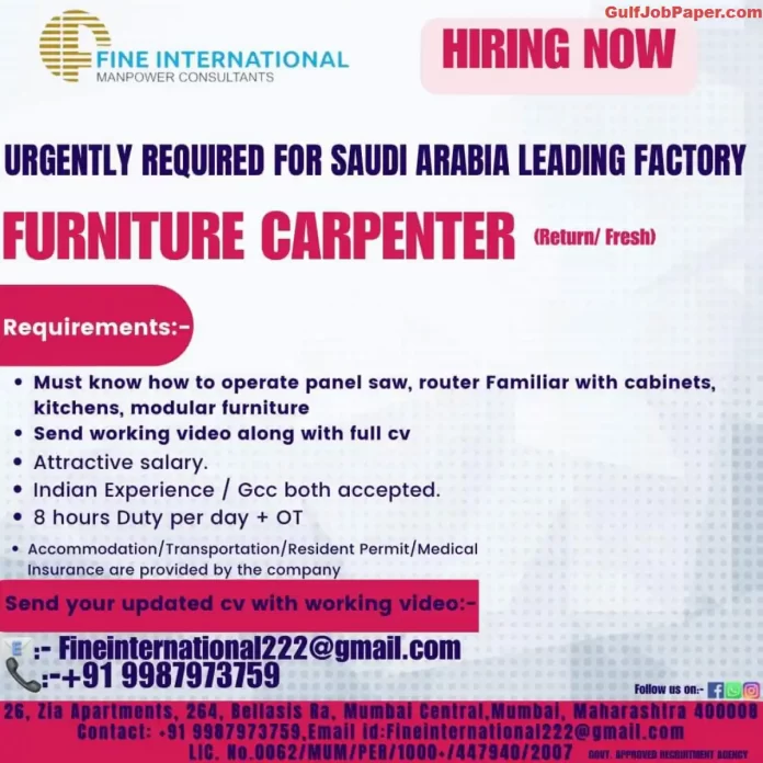 Furniture Carpenter Job Opening in Saudi Arabia