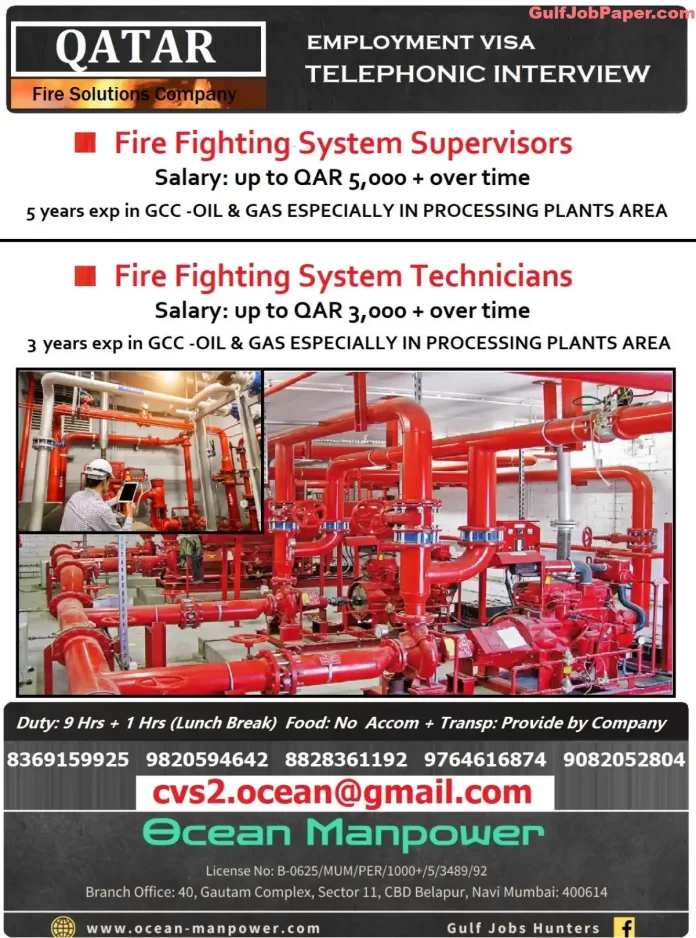 Job advertisement for fire fighting system supervisors and technicians in Qatar by Ocean Manpower