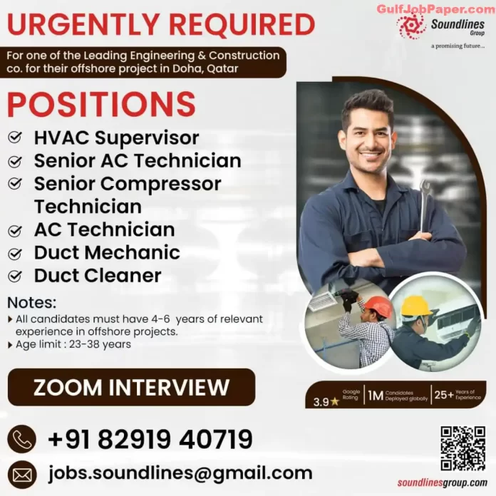 Job postings for HVAC Supervisor, Senior AC Technician, Senior Compressor Technician, AC Technician, Duct Mechanic, and Duct Cleaner for an offshore project in Doha, Qatar by Soundlines Group.
