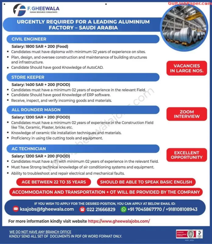 Job posting for various positions in a leading aluminium factory in Saudi Arabia