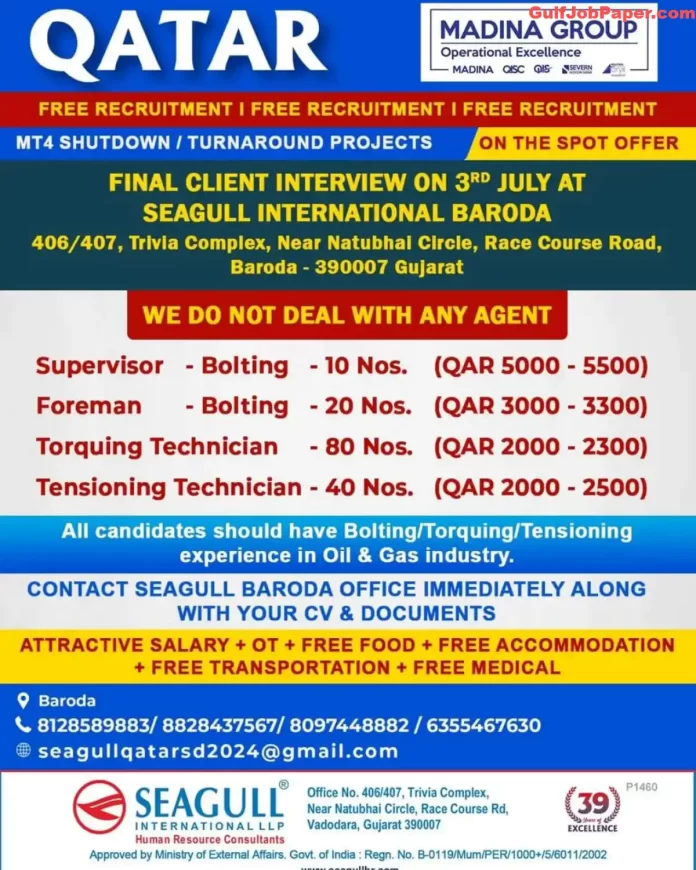 Job openings for Supervisor, Foreman, Torquing Technician, and Tensioning Technician in Qatar with Madina Group, final client interview on 3rd July at Seagull International Baroda