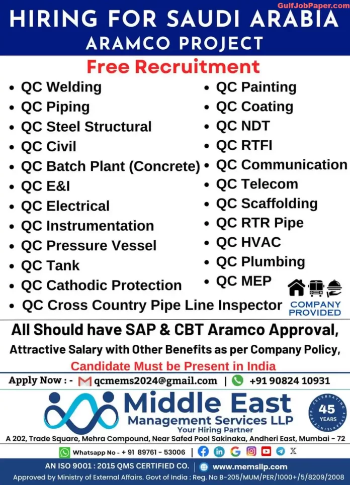 Job posting for multiple QC positions for Saudi Arabia Aramco Project