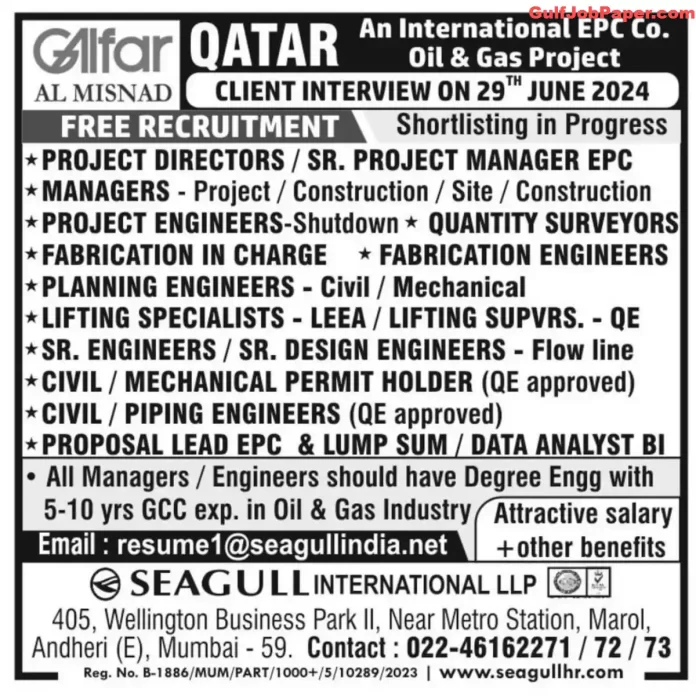 Job openings for various positions in an international EPC company for an oil & gas project in Qatar, with client interviews on 29th June 2024 by Seagull International LLP