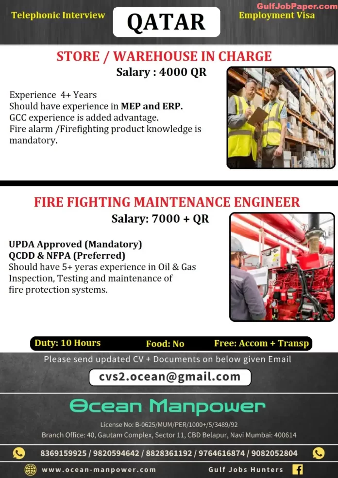 Job vacancies for Store/Warehouse In Charge and Fire Fighting Maintenance Engineer in Qatar