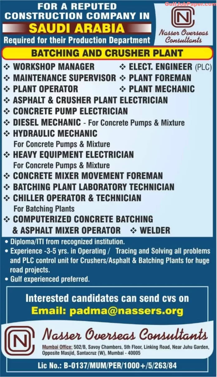 Job postings for various positions in batching and crusher plants in Saudi Arabia by Nasser Overseas Consultants.