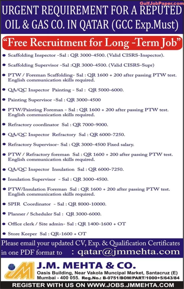 Job postings for various positions in a reputed oil & gas company in Qatar by J.M. Mehta & Company.