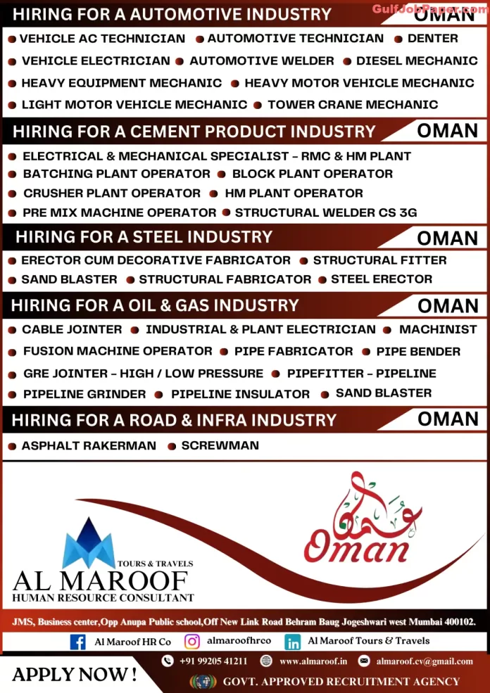 Recruitment advertisement for various job openings in Oman across automotive, cement product, steel, oil & gas, and road & infra industries by Al Maroof Human Resource Consultant.