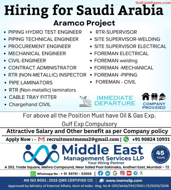 Job posting for various engineering and supervisory positions for an Aramco project in Saudi Arabia