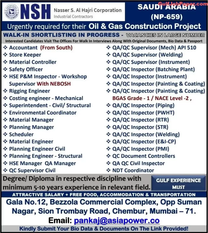 Urgently required positions for oil & gas construction project in Saudi Arabia by Nasser S. Al Hajri Corporation. Contact pankaj@asiapower.co for applications