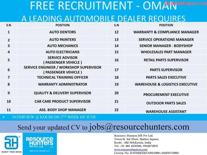 Job posting for various automobile positions in Oman with interview details