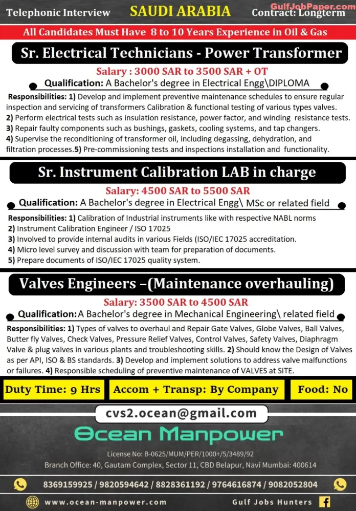 Job postings for Senior Electrical Technicians, Instrument Calibration Lab In-Charge, and Valves Engineers in Saudi Arabia by Ocean Manpower.