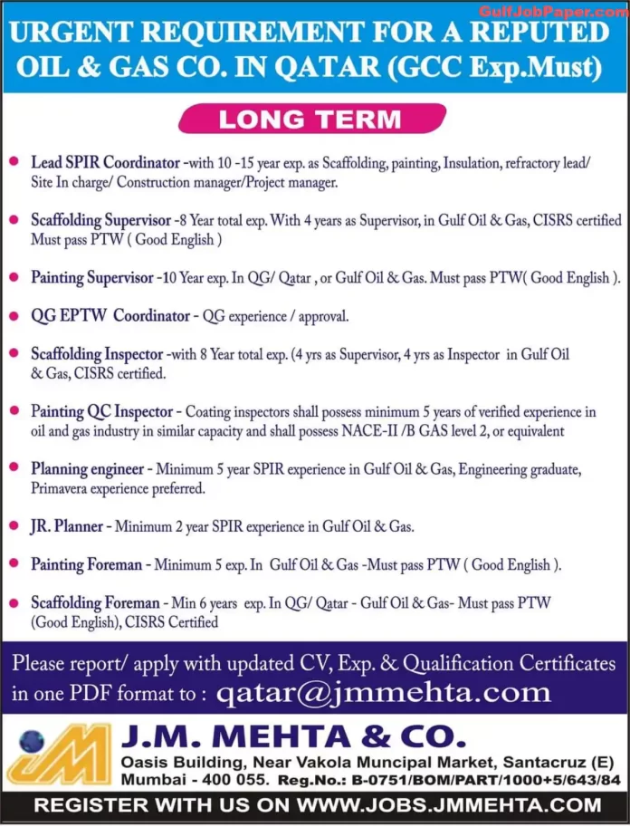 Job openings for various positions in a reputed oil & gas company in Qatar, requiring GCC experience and certifications, by J.M. Mehta & Company