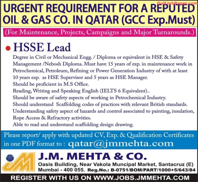 Job posting for HSSE Lead position in Qatar's oil & gas industry