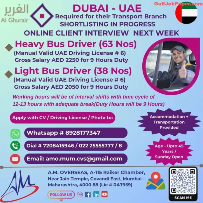 Job openings for Heavy Bus Driver and Light Bus Driver at Al Ghurair Transport Branch, Dubai, UAE