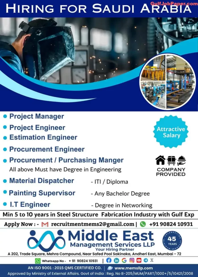 Job openings for Project Manager, Project Engineer, Estimation Engineer, Procurement Engineer, Procurement / Purchasing Manager, Material Dispatcher, Painting Supervisor, and I.T Engineer in Saudi Arabia