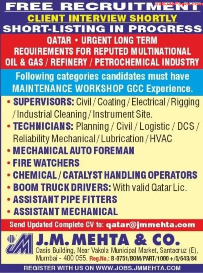 Urgent job openings in Qatar for Oil & Gas, Refinery, and Petrochemical industries. Free recruitment. Apply now