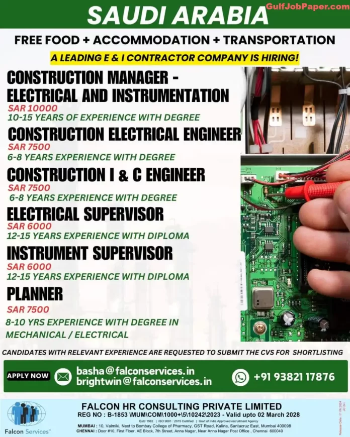 Job Openings at Leading E & I Contractor Company in Saudi Arabia