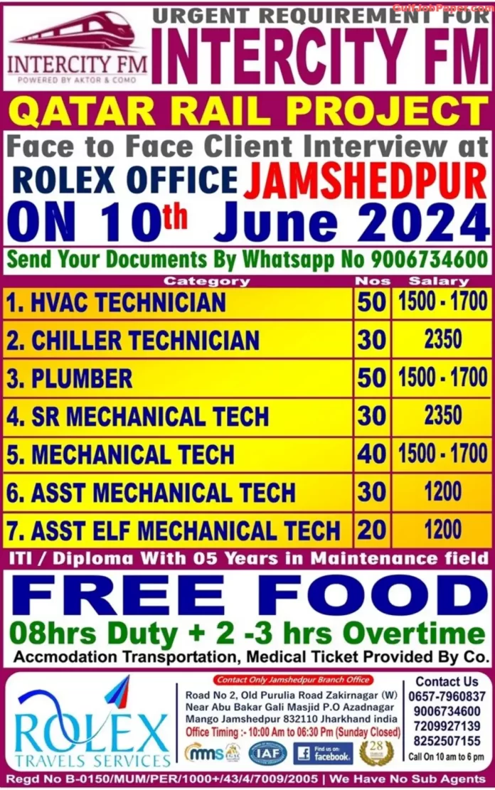 Job opportunities for HVAC Technicians, Chiller Technicians, Plumbers, and more for Qatar Rail Project, with interviews in Jamshedpur