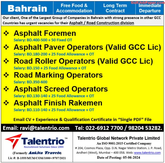 Urgent job vacancies in Bahrain for Asphalt/Road Construction division with Talentrio