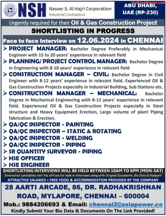 Job opportunities in Abu Dhabi with Nasser S. Al Hajri Corporation for Oil & Gas construction projects.