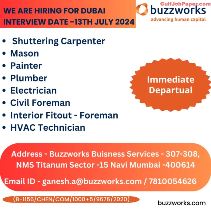 Job openings in Dubai for skilled workers - Immediate departure by Buzzworks