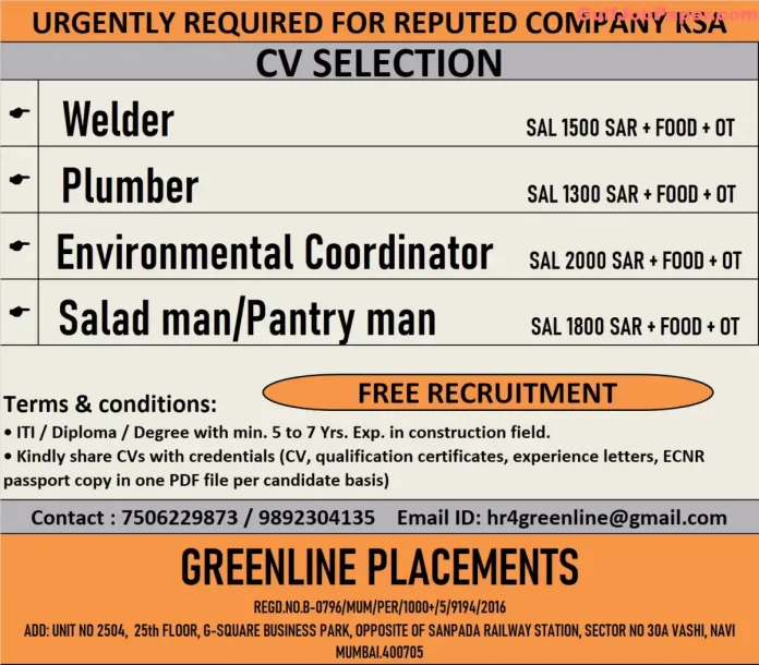 Job Openings for Welder, Plumber, Environmental Coordinator, and Salad Man/Pantry Man in KSA