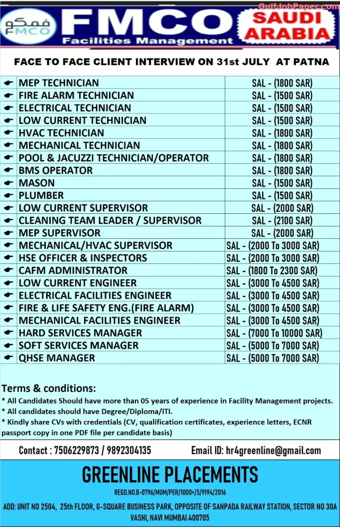 FMCO jobs in Saudi Arabia: Job Openings for Various Technician and Supervisor Positions in FMCO Saudi Arabia