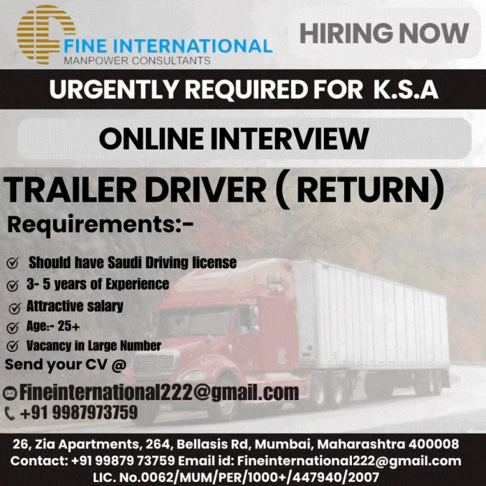 Job Post for Trailer Driver (Return) in Saudi Arabia by Fine International