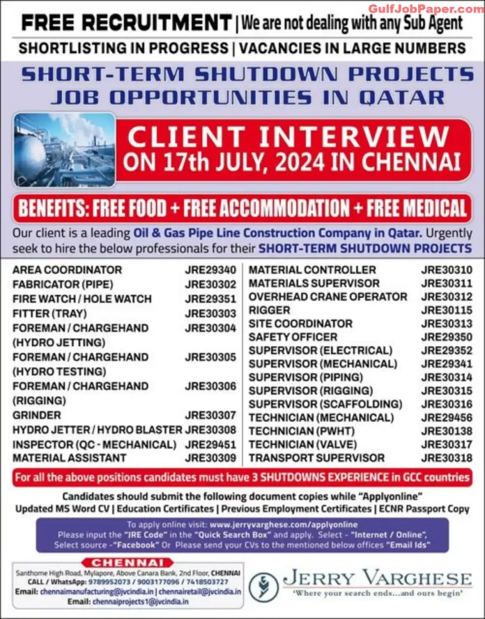 Job advertisement for various positions in short-term shutdown projects in Qatar by Jerry Varghese, with a client interview on 17th July 2024 in Chennai.