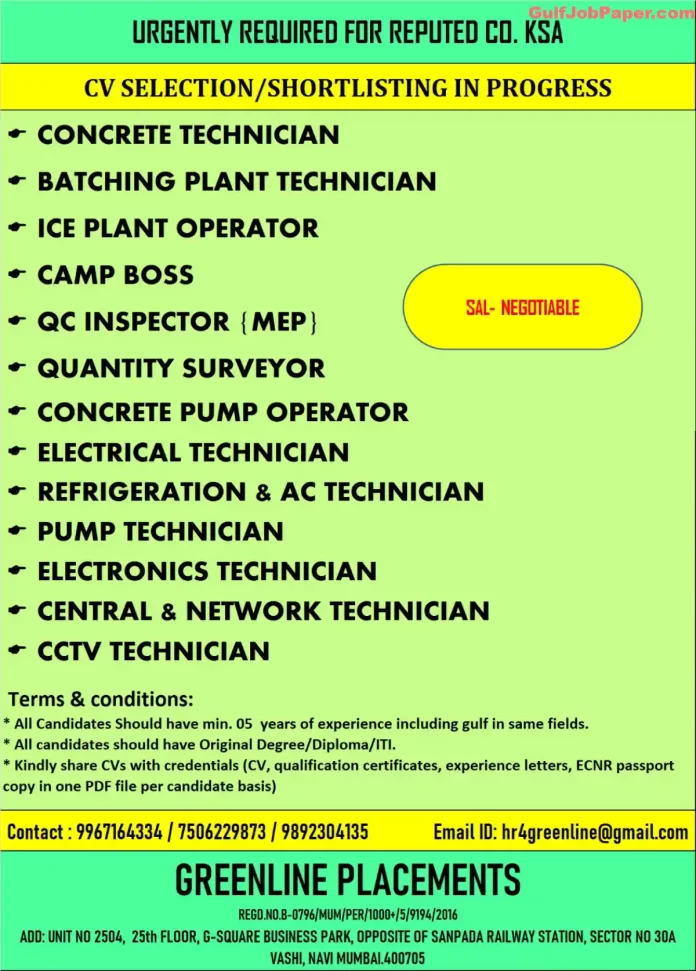 Job advertisement for various technician and supervisor positions in KSA by Greenline Placements.