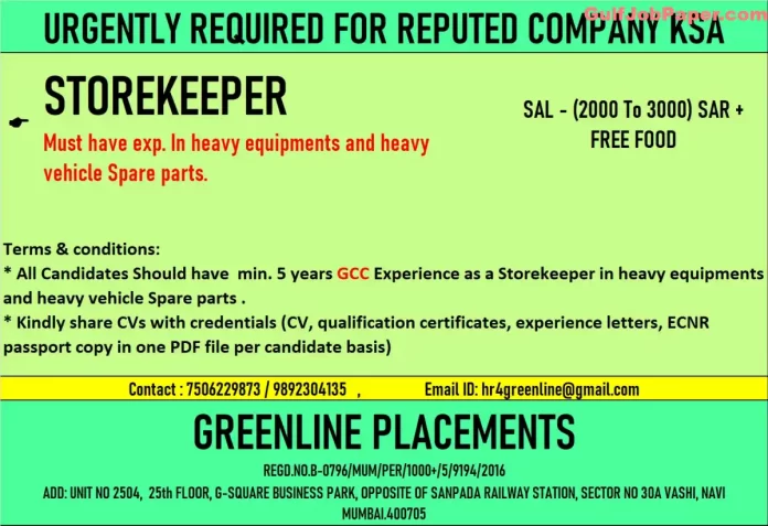 Job Post for Storekeeper Jobs with GCC Experience in Heavy Equipment by Greenline Placements