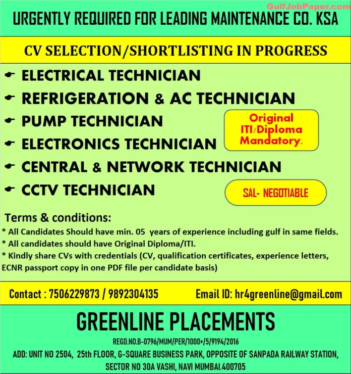 Job Post for Various Technician Positions in Saudi Arabia by Greenline Placements