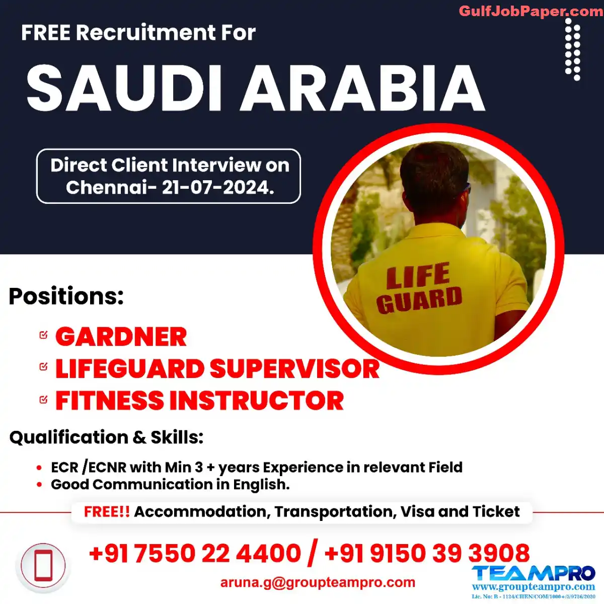 Free Recruitment for Saudi Arabia - Direct Client Interview in Chennai - 21-07-2024 - Gardener, Lifeguard Supervisor, Fitness Instructor