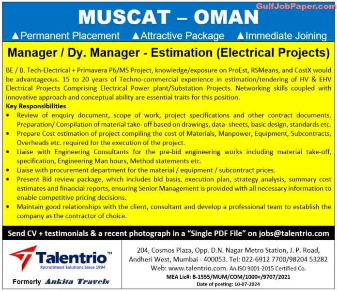 Job Post for Manager / Dy. Manager - Estimation (Electrical Projects) in Muscat, Oman by Talentrio