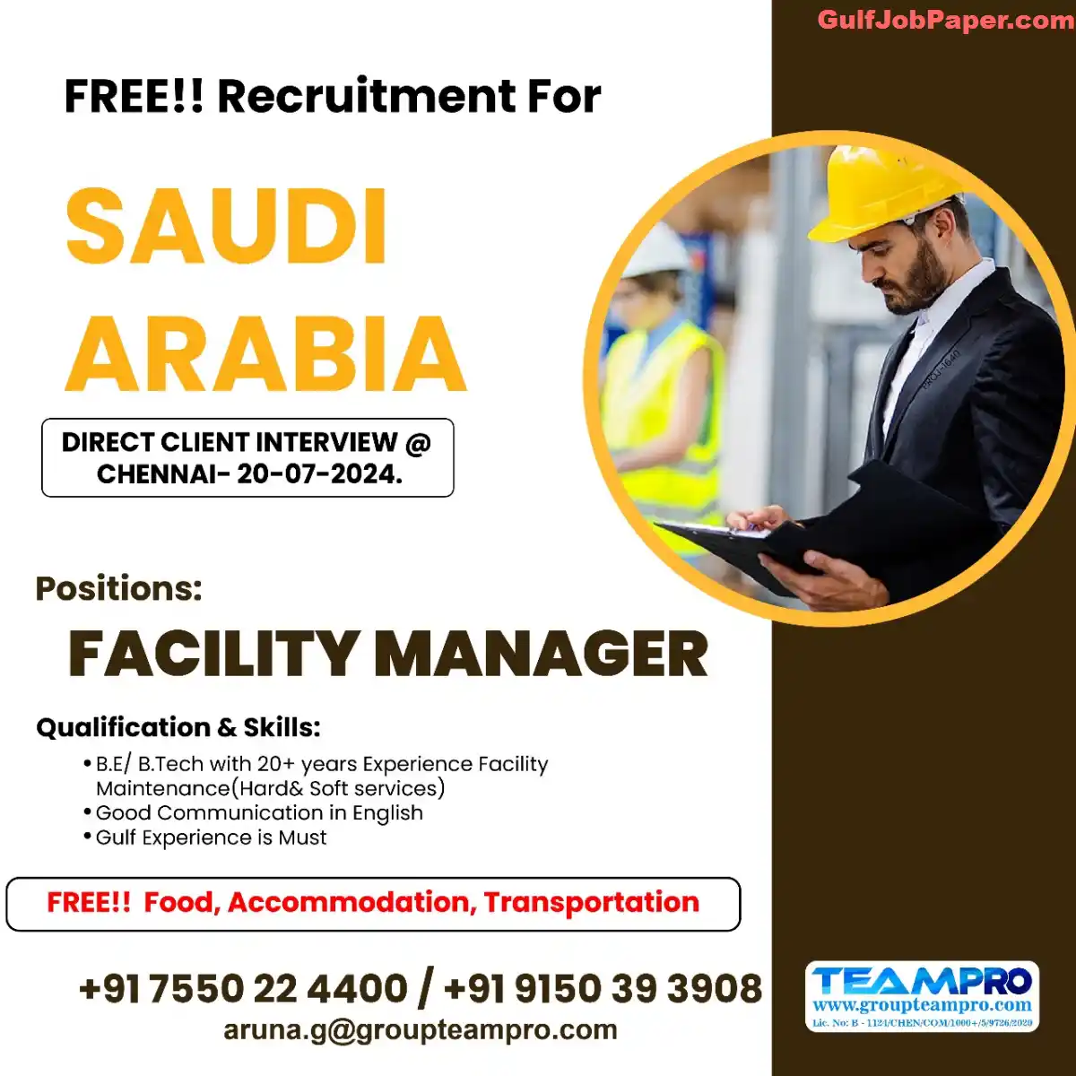 Free Recruitment for Saudi Arabia - Direct Client Interview in Chennai - 20-07-2024 - Facility Manager