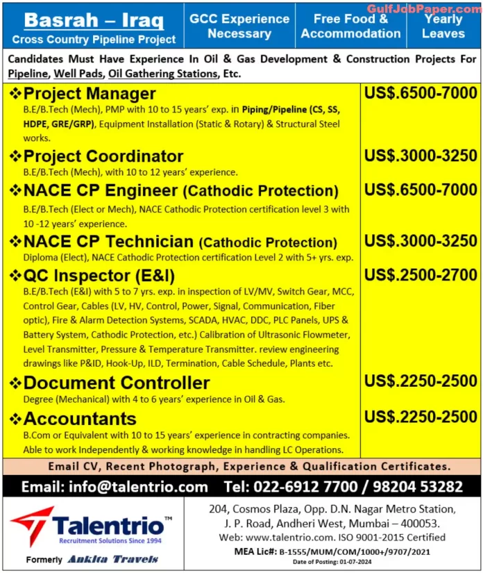 Job advertisement for various positions for a cross-country pipeline project in Basrah, Iraq, offered by Talentrio Recruitment Solutions.