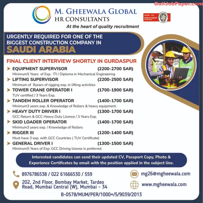 Job opportunities in Saudi Arabia for various construction positions with M. Gheewala Global HR Consultants.