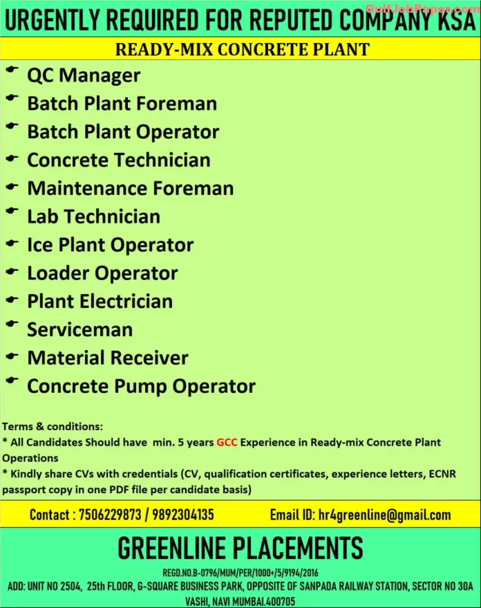 Job Post for Ready Mix Concrete Plant Positions in Saudi Arabia by Greenline Placements