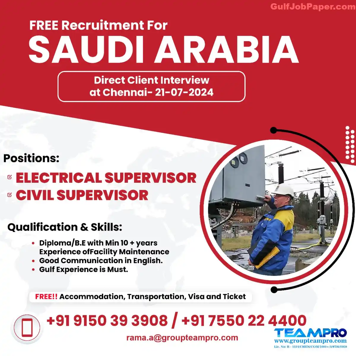 Free Recruitment for Saudi Arabia - Direct Client Interview in Chennai - 21-07-2024 - Electrical Supervisor, Civil Supervisor