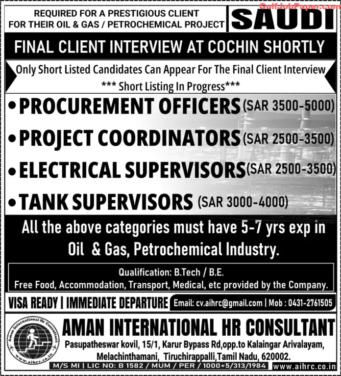 Job opportunities in Saudi Arabia for oil & gas and petrochemical projects with Aman International HR Consultant.