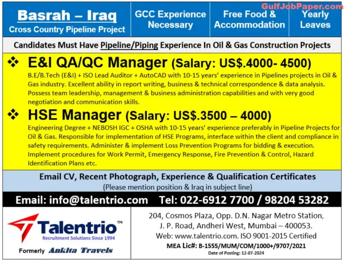 Job advertisement for E&I QA/QC Manager and HSE Manager in Basrah, Iraq by Talentrio Recruitment Solutions.