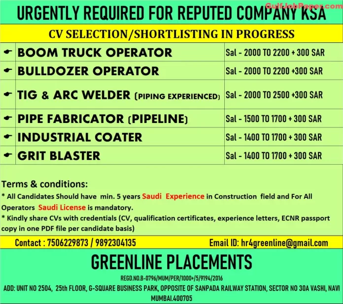 Job openings for Boom Truck Operator, Bulldozer Operator, TIG & ARC Welder, Pipe Fabricator, Industrial Coater, and Grit Blaster in Saudi Arabia by Greenline Placements