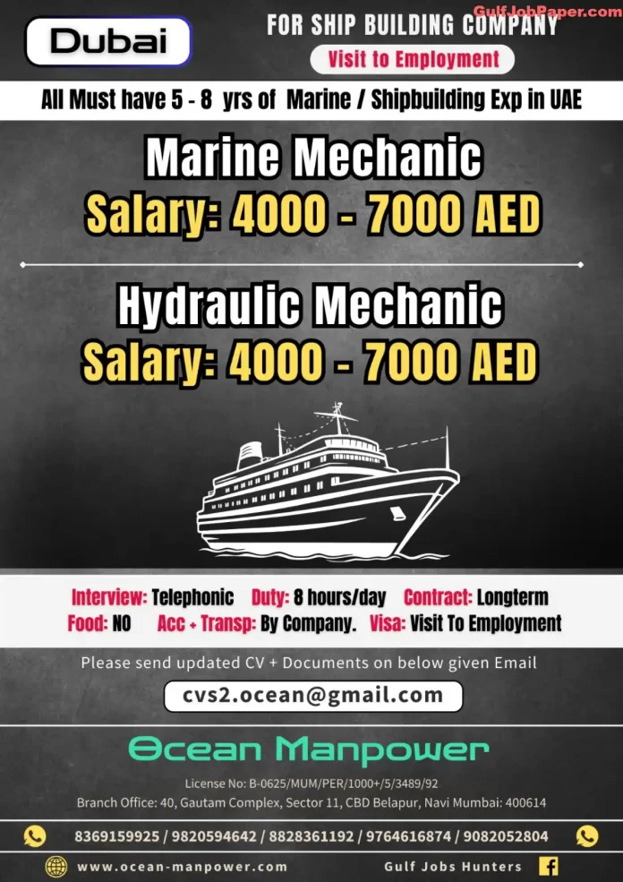 High-paying Marine and Hydraulic Mechanic jobs in Dubai for a shipbuilding company with Ocean Manpower.